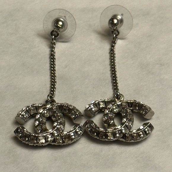 Authentic Chanel Crystal Chain CC Logo Dangle Drop Earrings - Picture 9 of 12